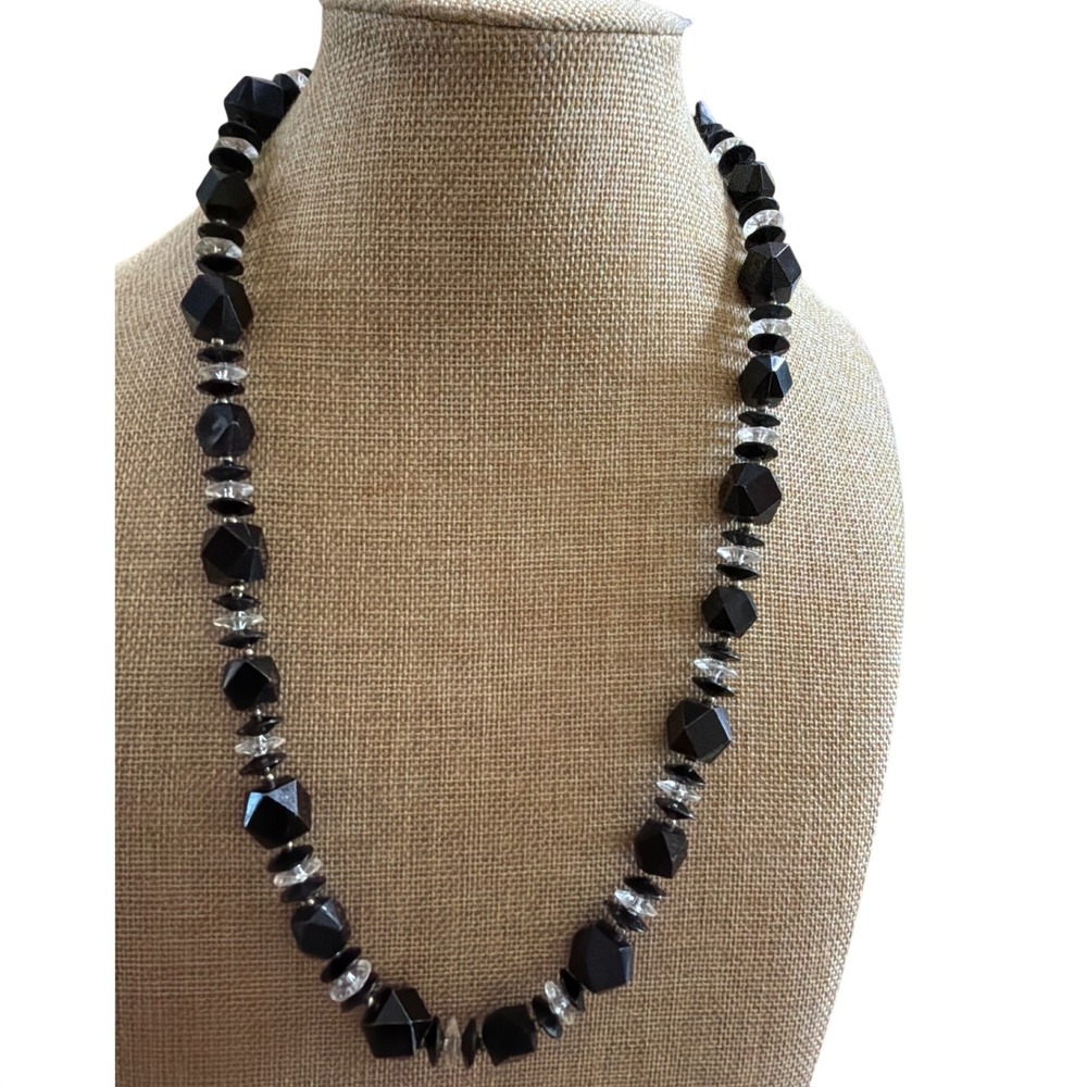 Vintage Black‎ Geometric Faceted Beaded Necklace Clear Accents Chunky